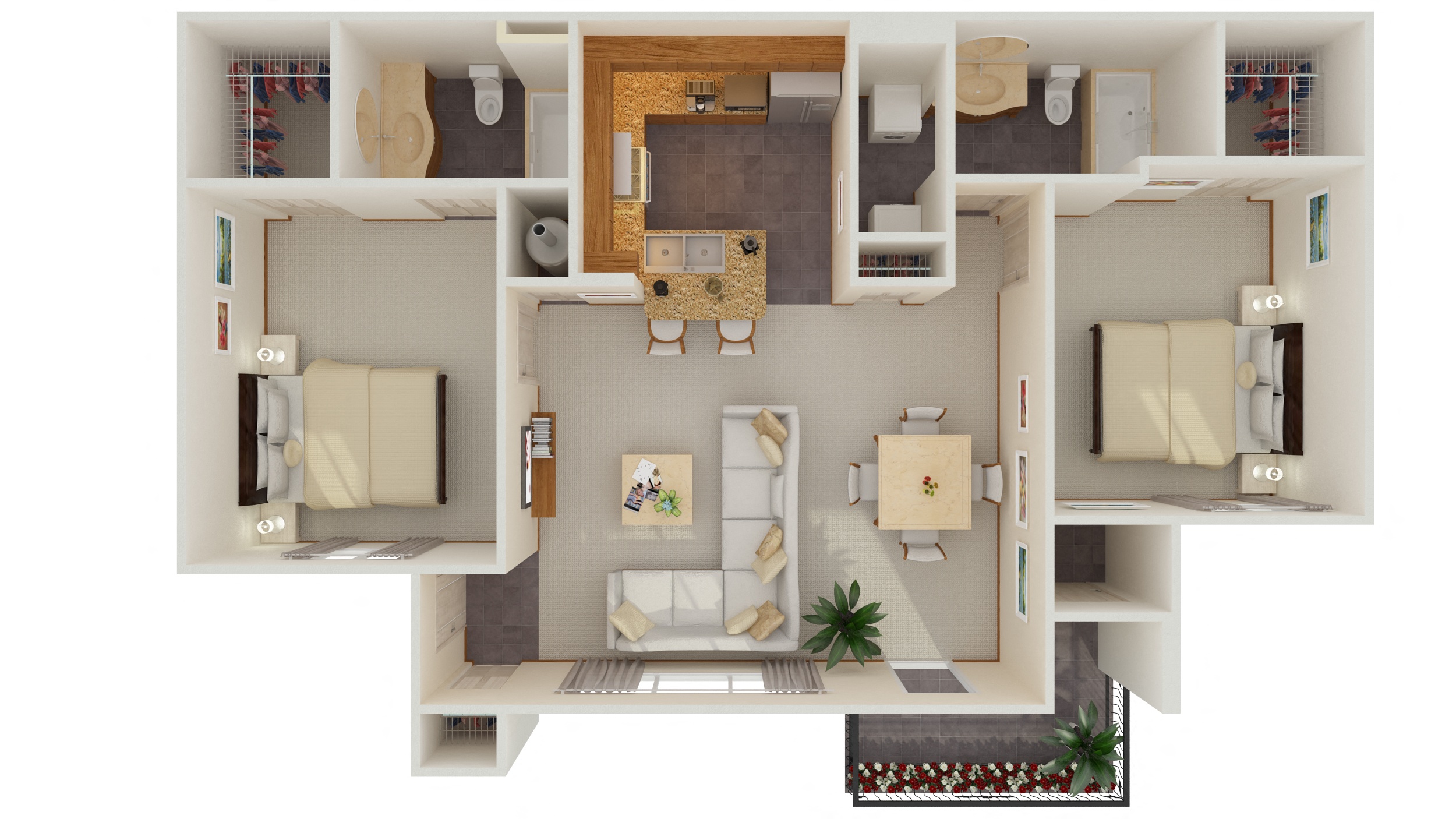 3d floor plan of a 1 bedroom apartment